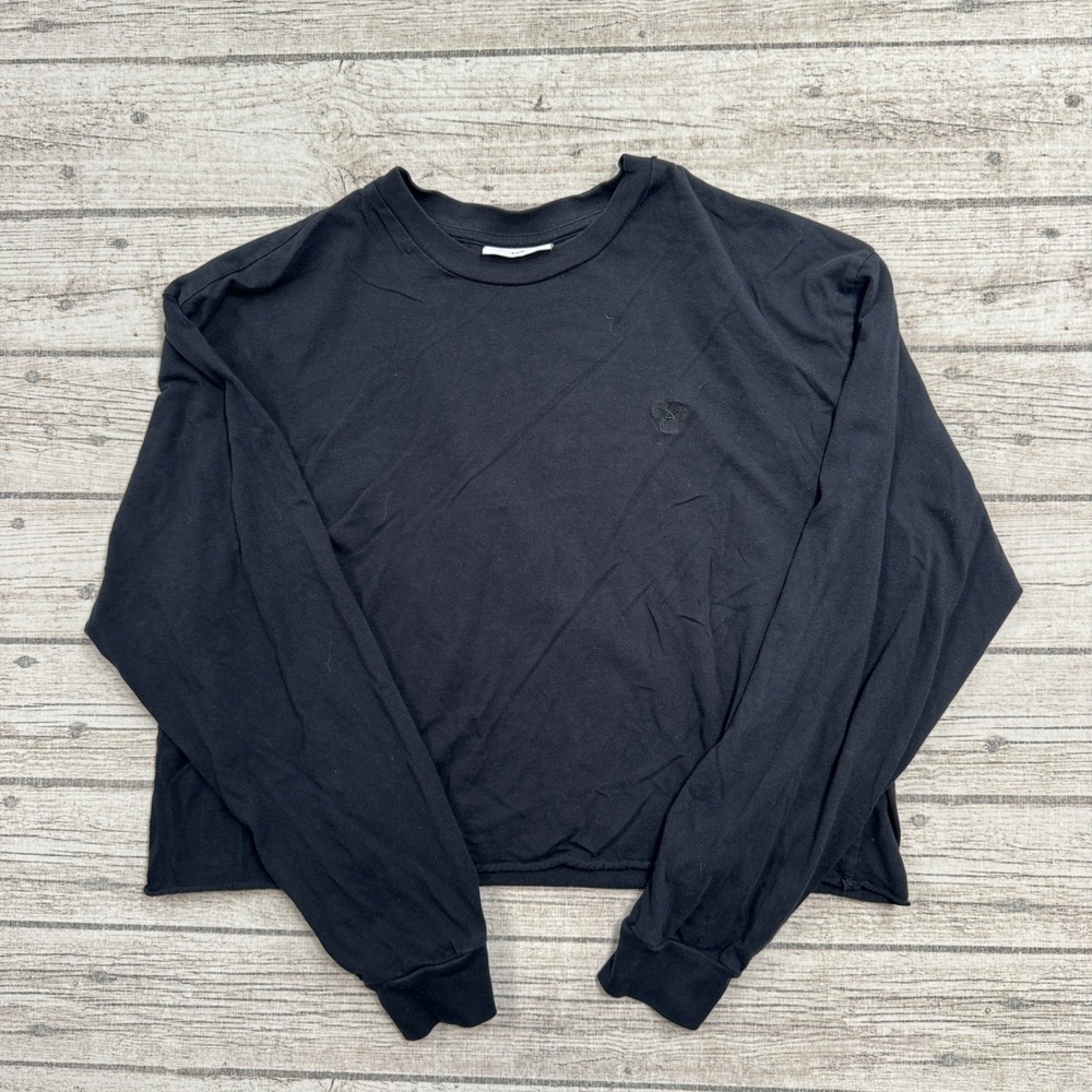 TNA Aritzia T-Shirt Women's Medium Black Cropped Boxy Fit Long Sleeve Loungewear
